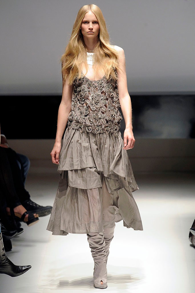 gray layered embroidered dress with boots