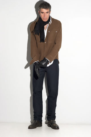 white shirt brown jacket black pants