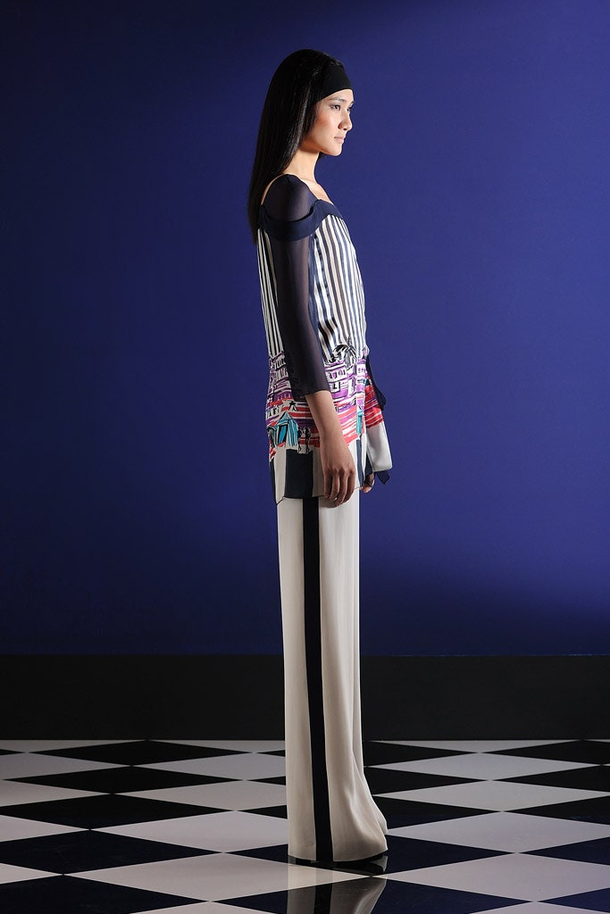 blue silk long-sleeve off-shoulder fitted striped printed top