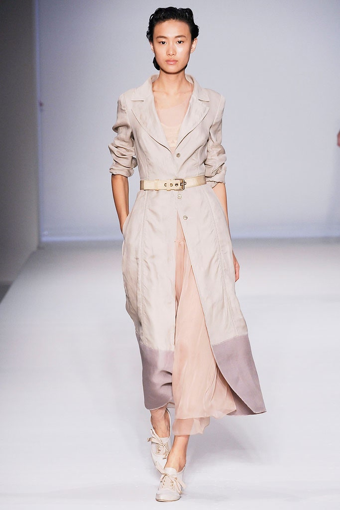 beige silk long-sleeve collared fitted buttoned belted trench