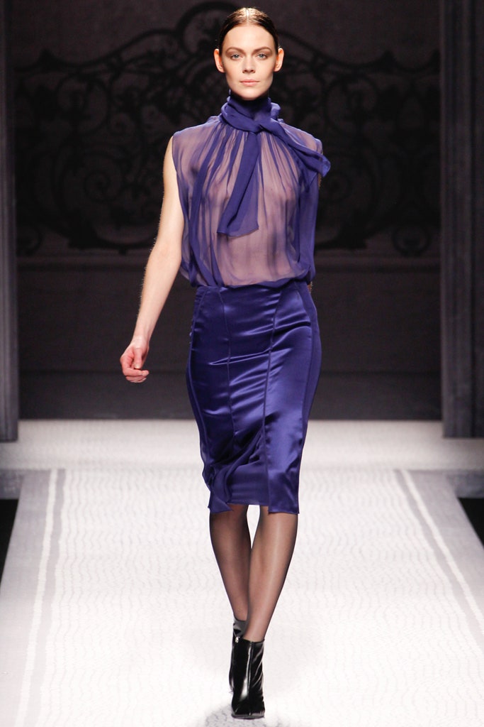 blue silk top with pencil skirt