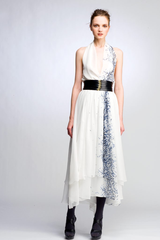 white chiffon sleeveless v-neck fitted draped layered dress
