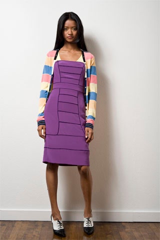 purple fitted midi dress with striped cardigan