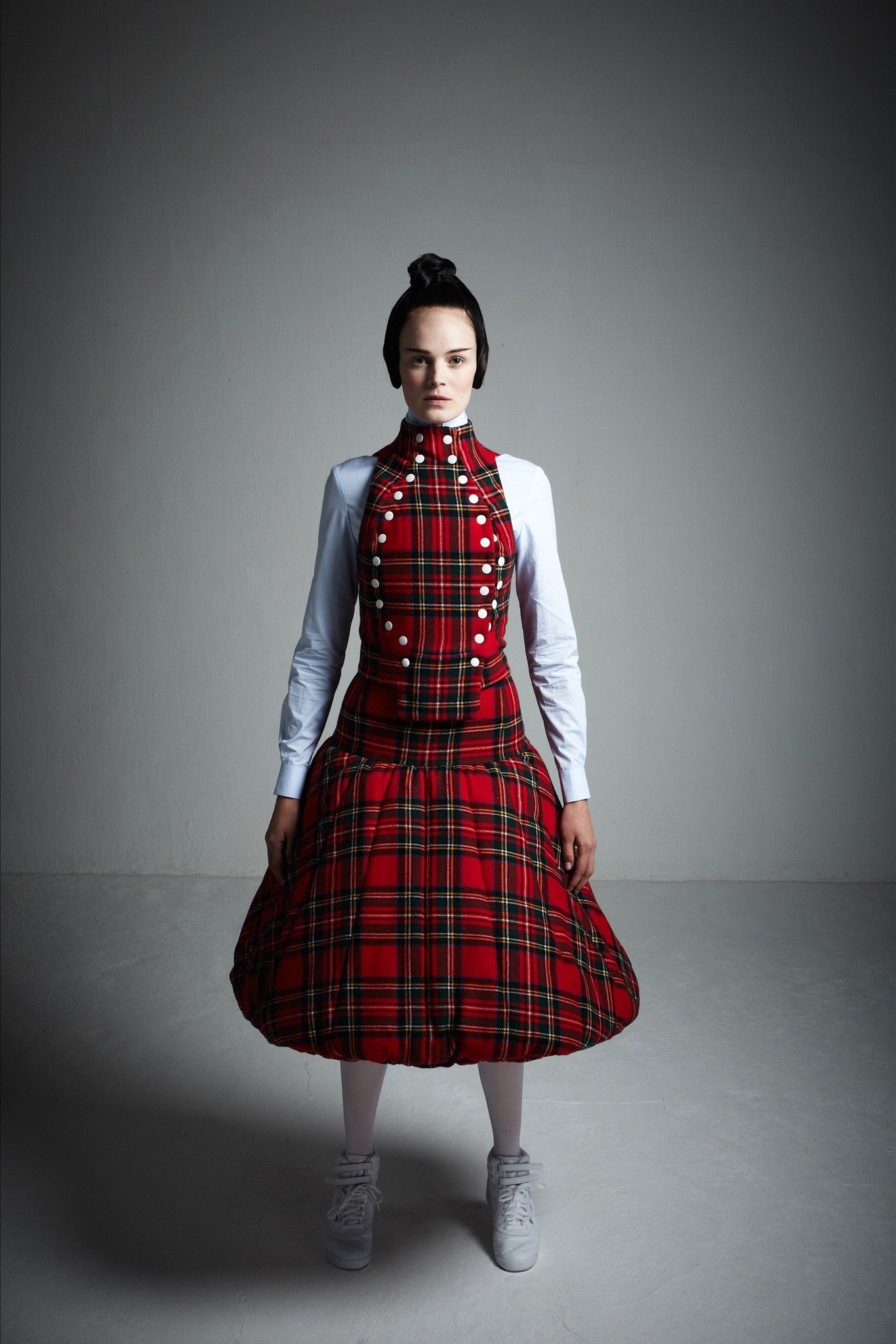red plaid midi dress with white shirt