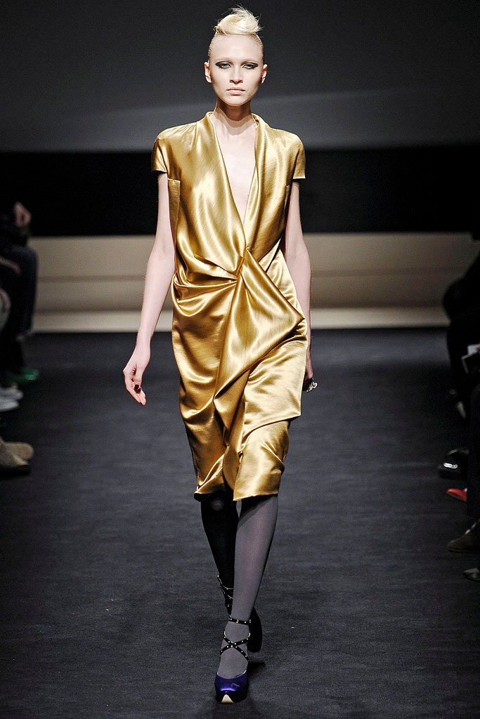 fitted gold silk dress