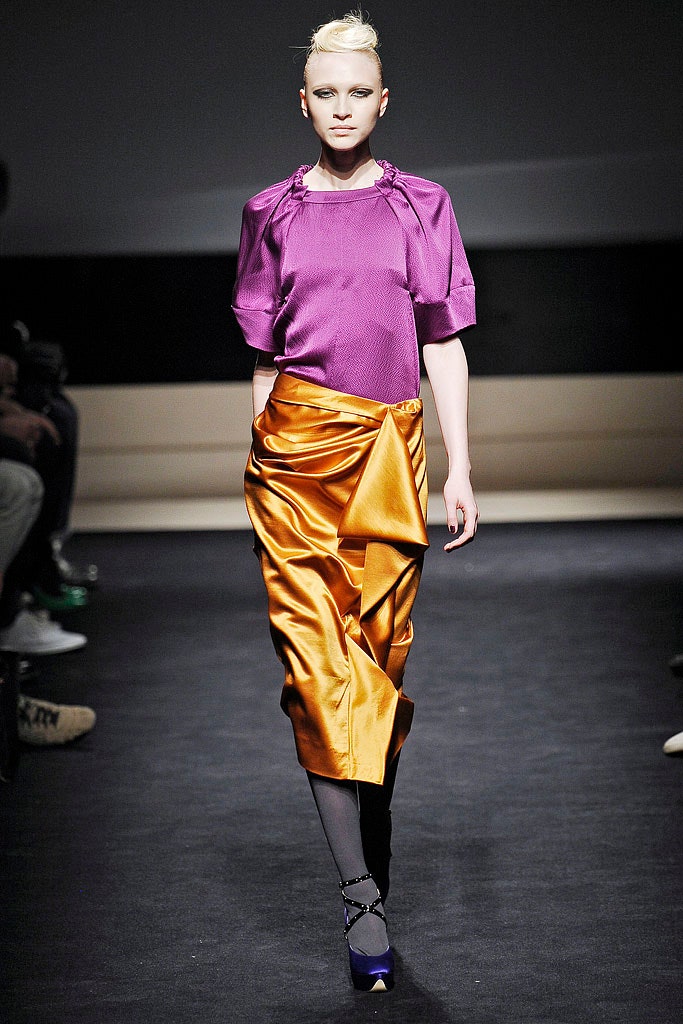 purple silk short-sleeve high-neck relaxed pleated top