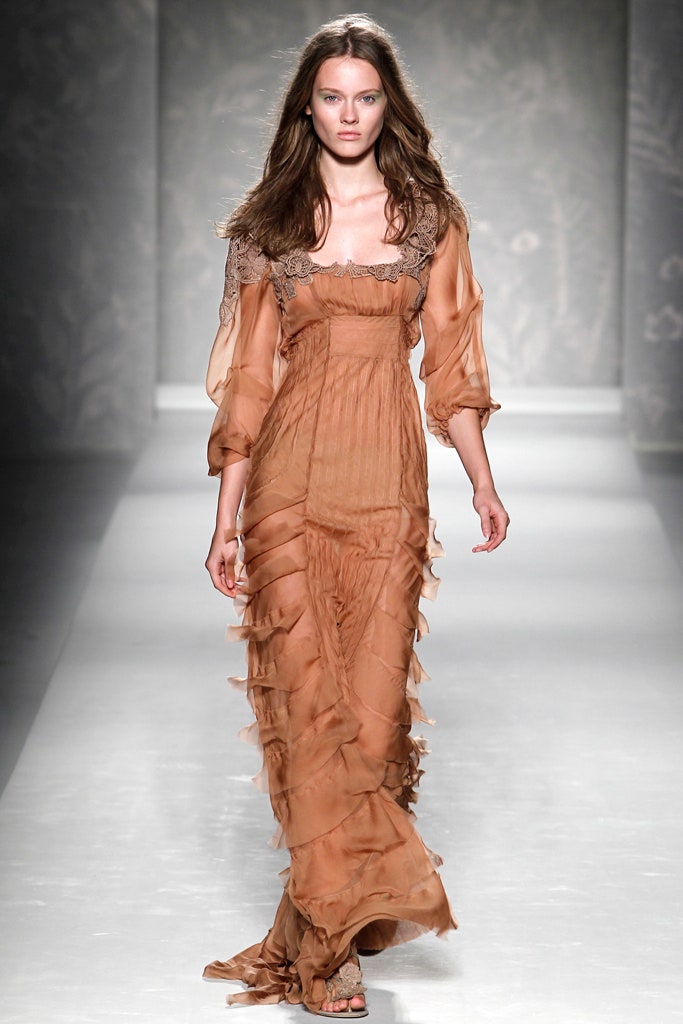 beige silk off-shoulder gown