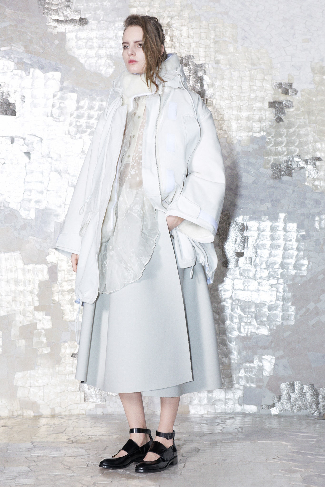 oversized white coat with gray skirt