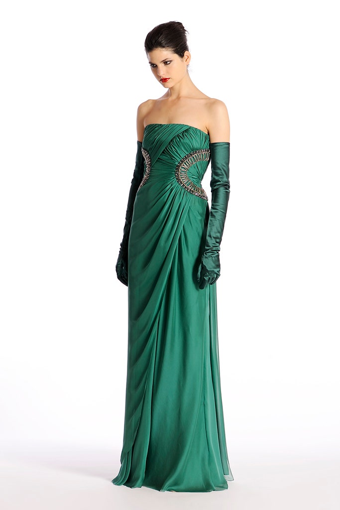 green silk strapless fitted draped embellished flowing gown