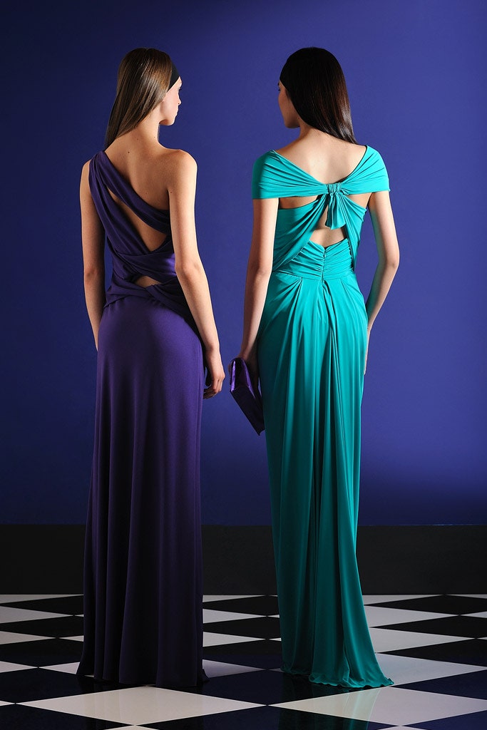 purple and teal backless gowns