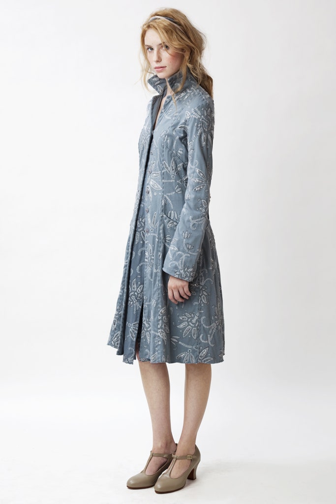 blue embroidered long-sleeve dress