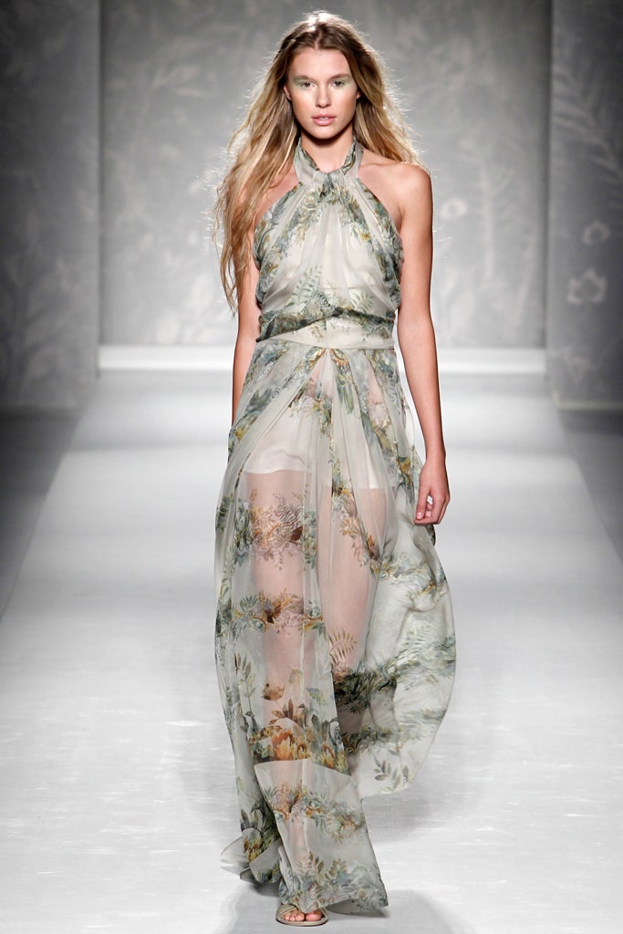 green floral silk gown