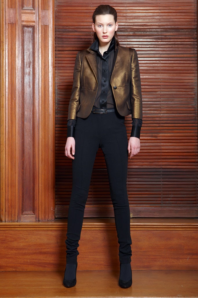 gold silk long-sleeve collared tailored structured buttoned blazer