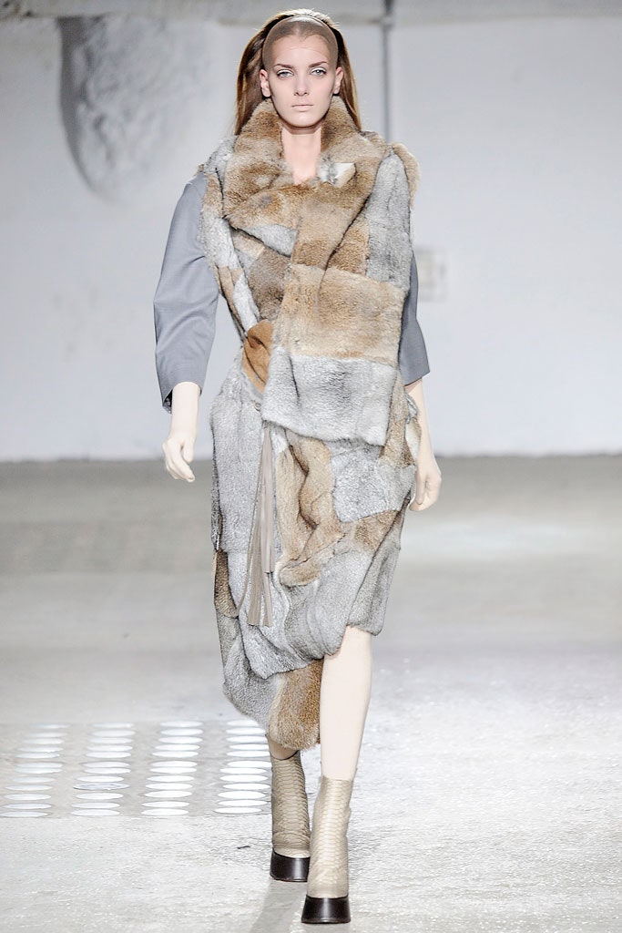 gray fur long-sleeve fitted draped midi dress