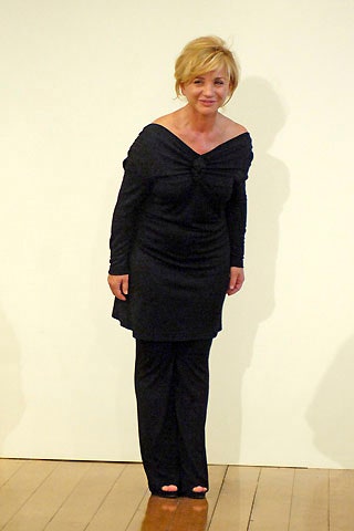 black silk off-shoulder top and pants