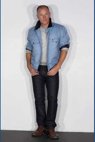blue jacket gray shirt denim pants