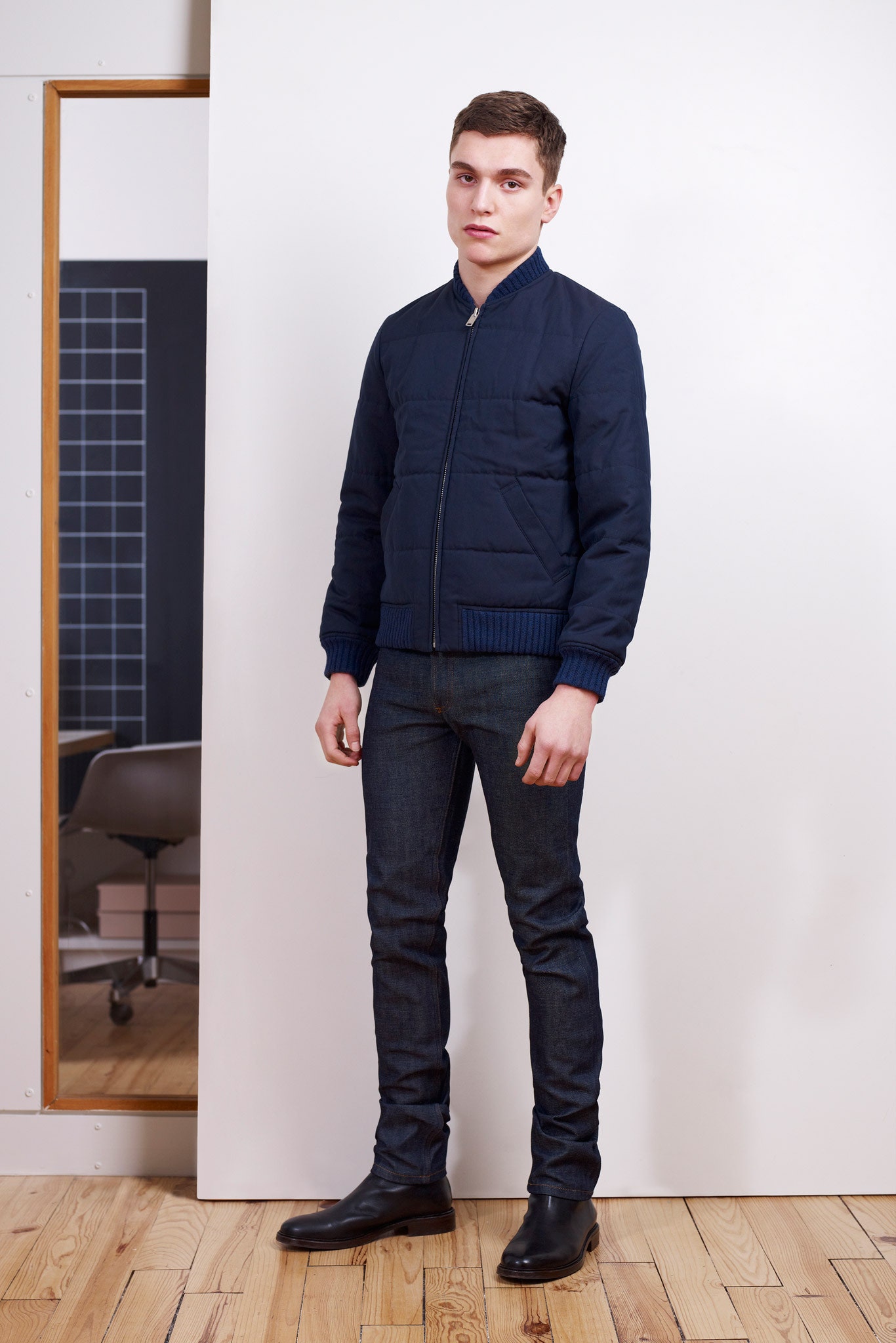 blue fitted jacket with denim pants