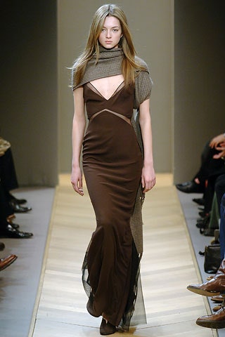 brown silk fitted gown with gray scarf
