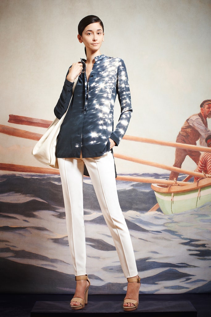 blue and white printed shirt with tailored pants