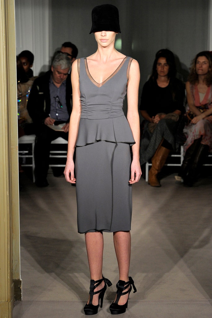 gray silk sleeveless v-neck fitted flared midi dress