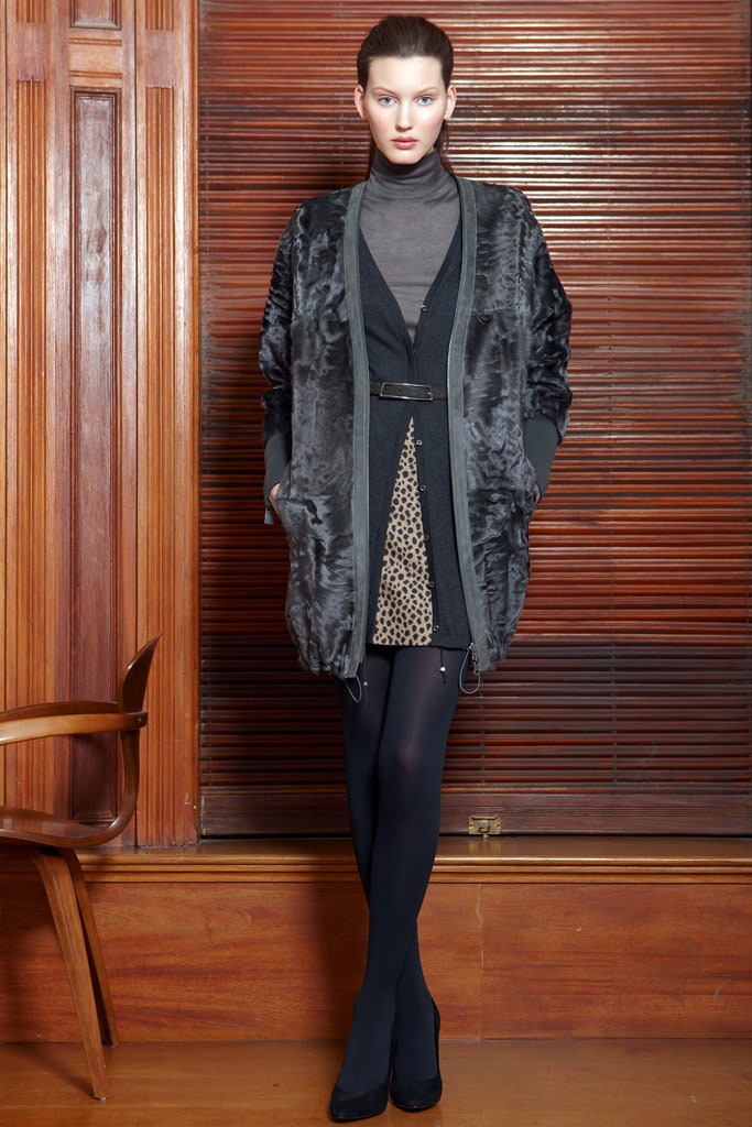 gray silk long-sleeve collared relaxed draped pockets coat