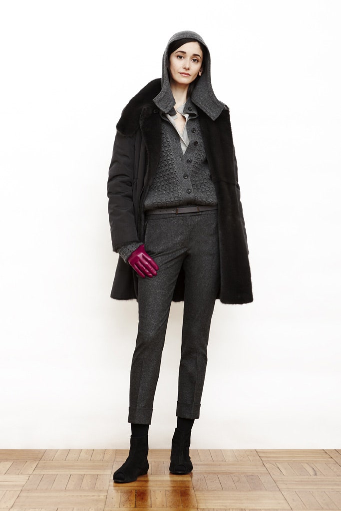 black coat gray jacket tailored pants