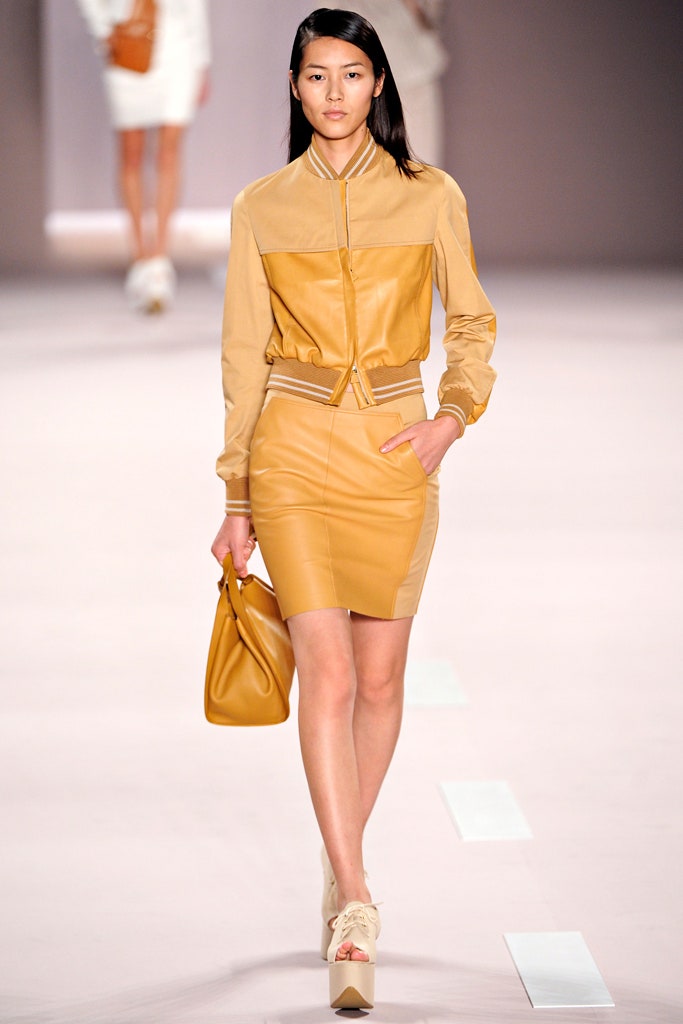 beige leather fitted jacket and skirt