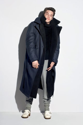 blue wool long-sleeve collared relaxed zippered coat