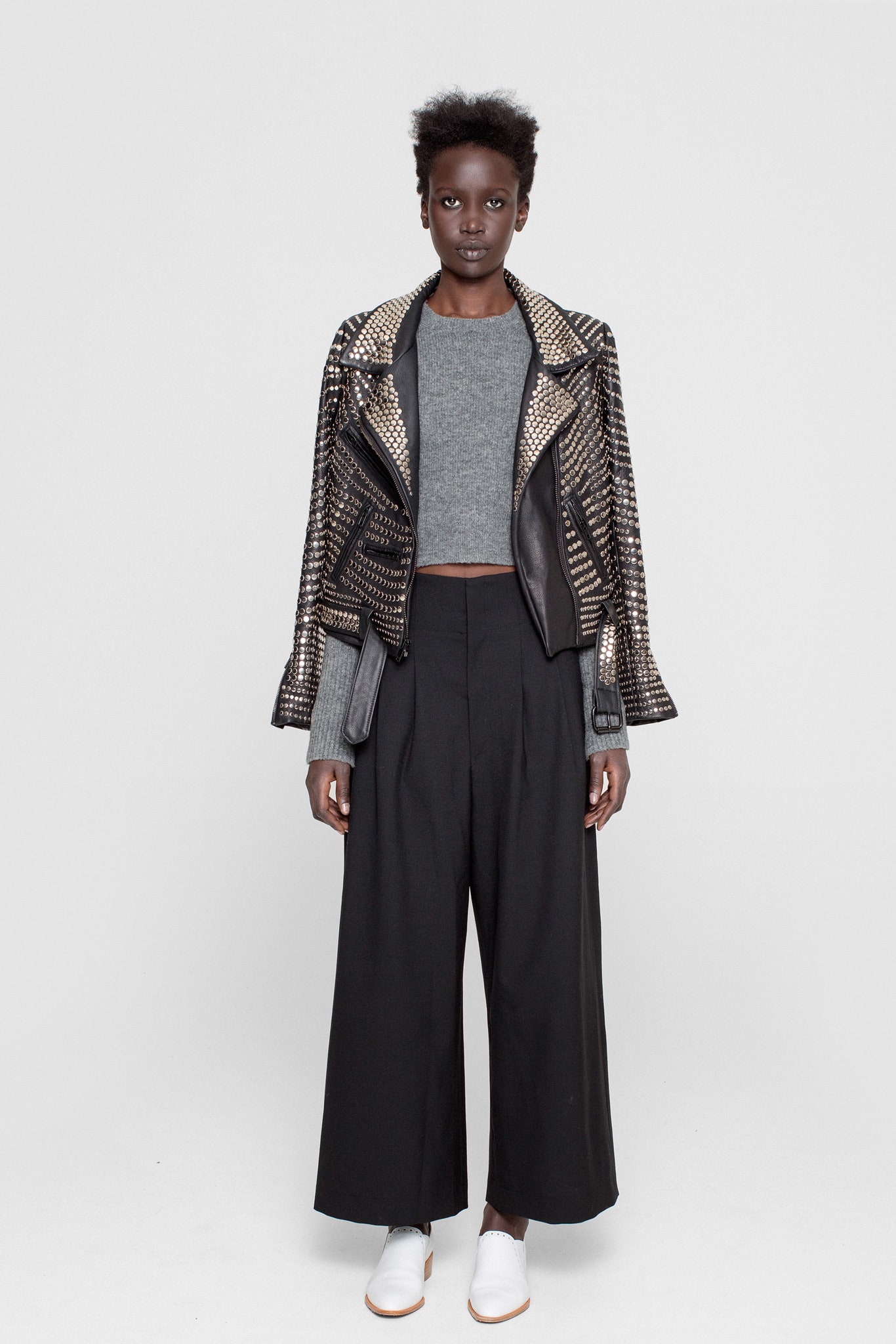 black leather long-sleeve collared fitted zippered embellished jacket