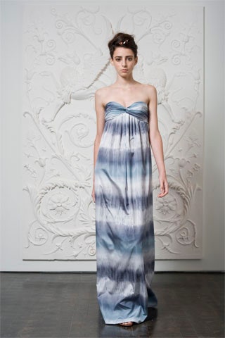 blue and white strapless gown