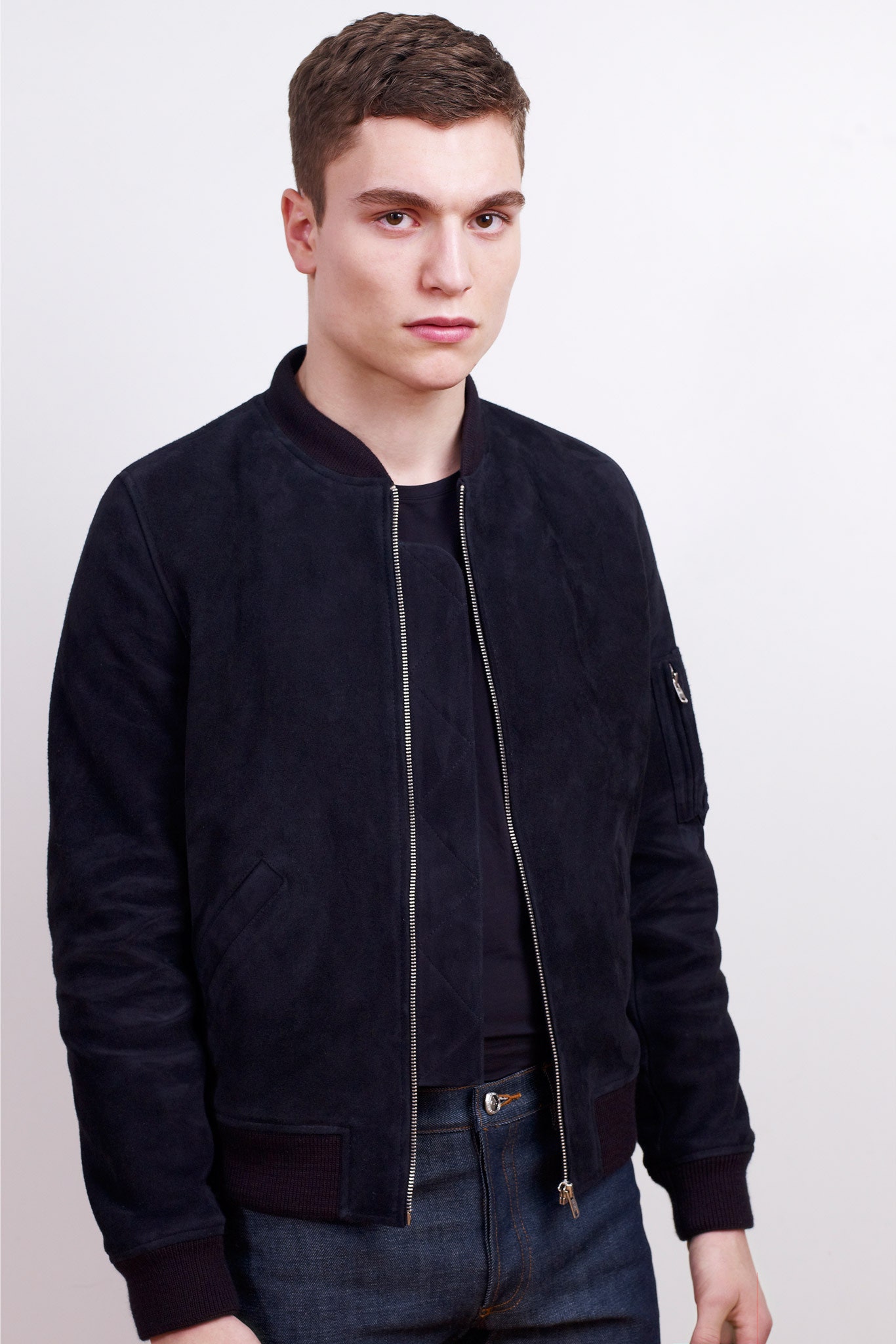 black suede long-sleeve collared fitted zippered jacket