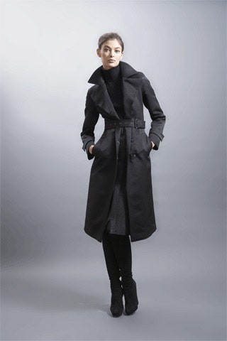 black wool long-sleeve collared fitted belted pockets coat