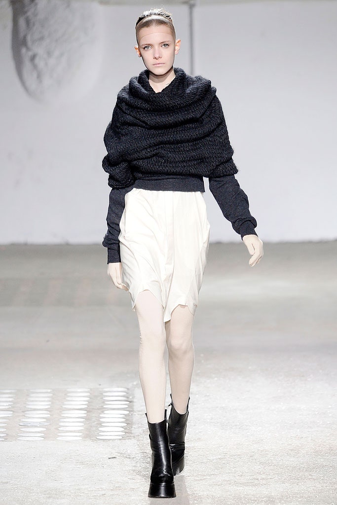 black wool long-sleeve high-neck fitted draped sweater