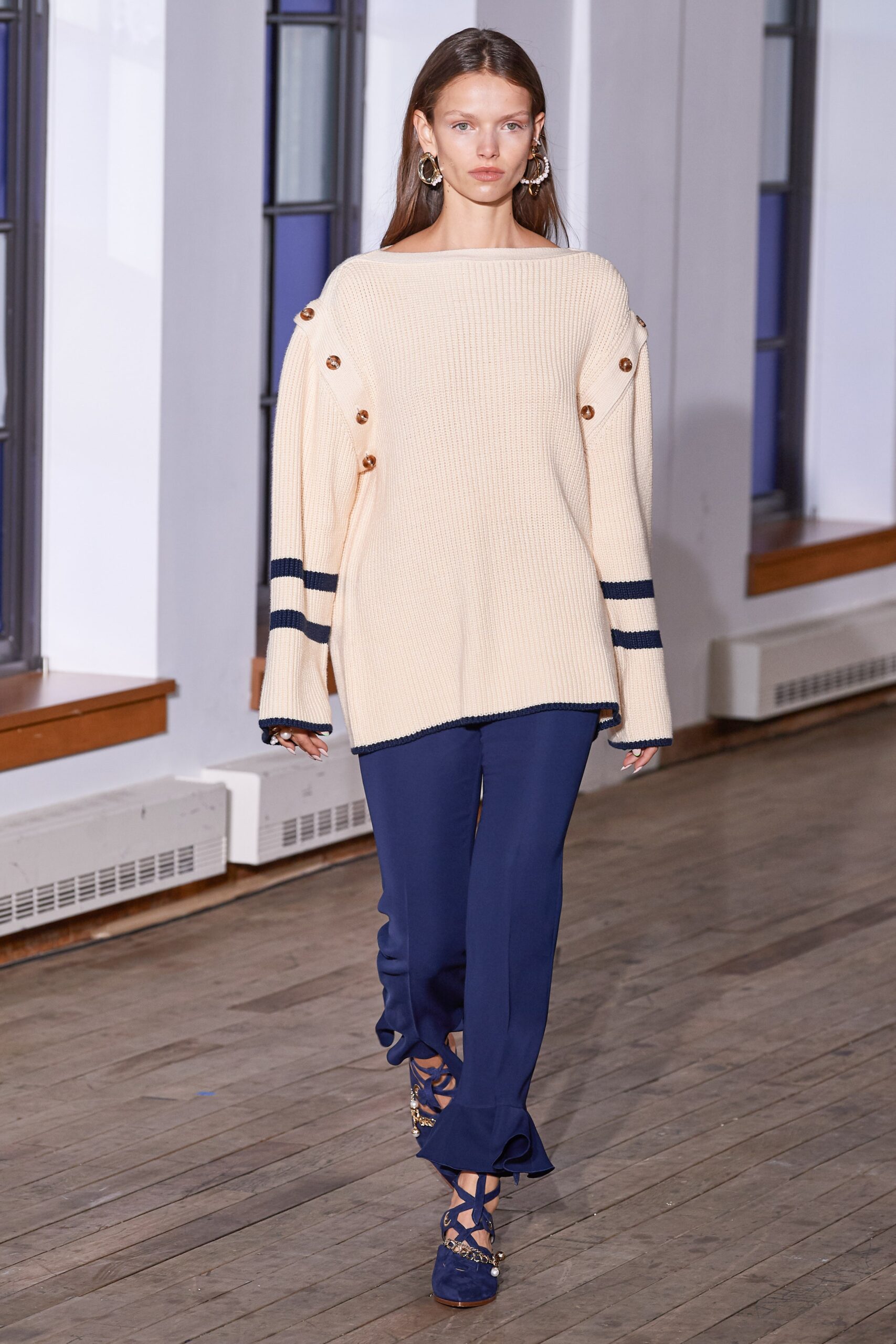 beige wool long-sleeve collared relaxed buttoned sweater
