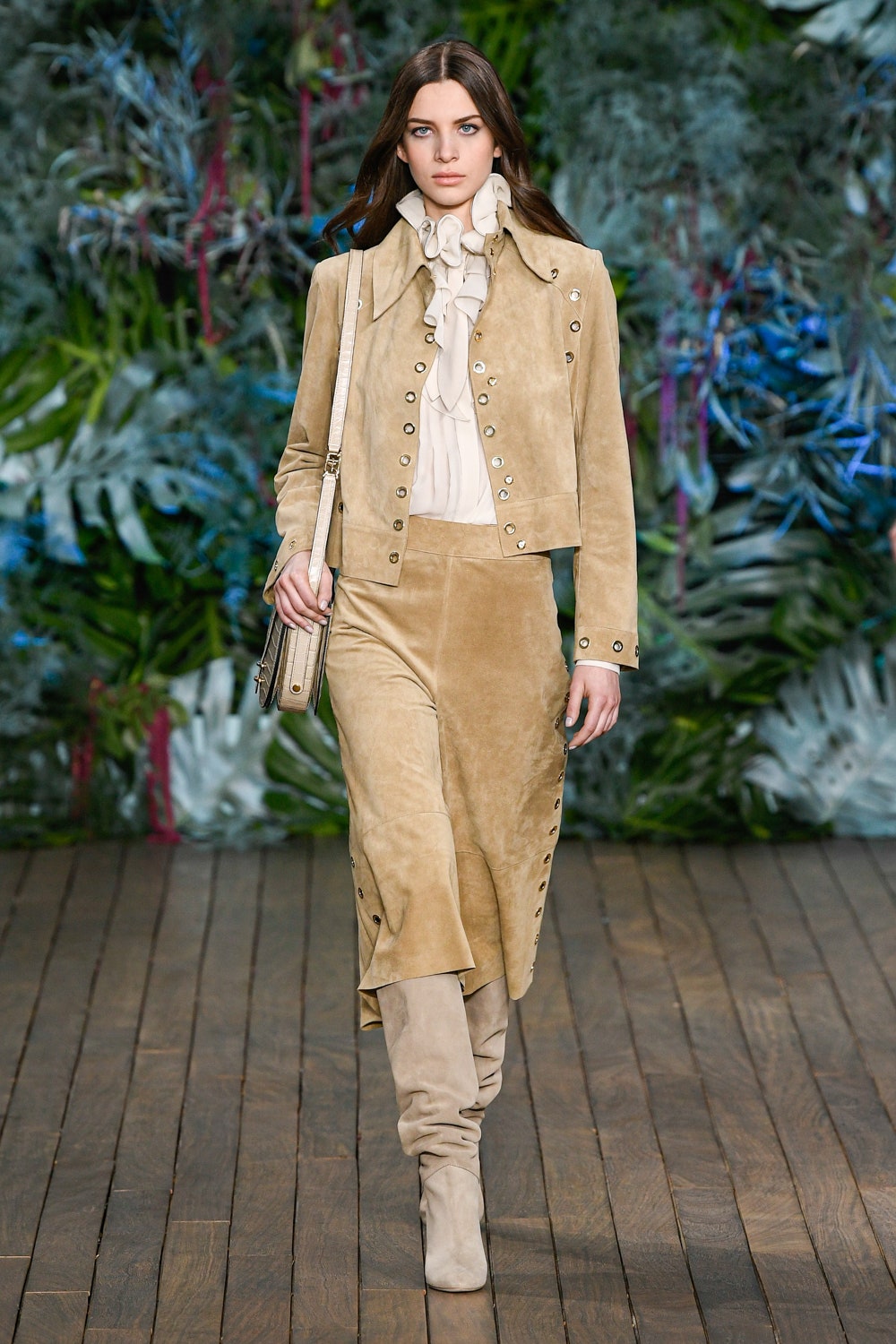 beige suede fitted jacket and skirt