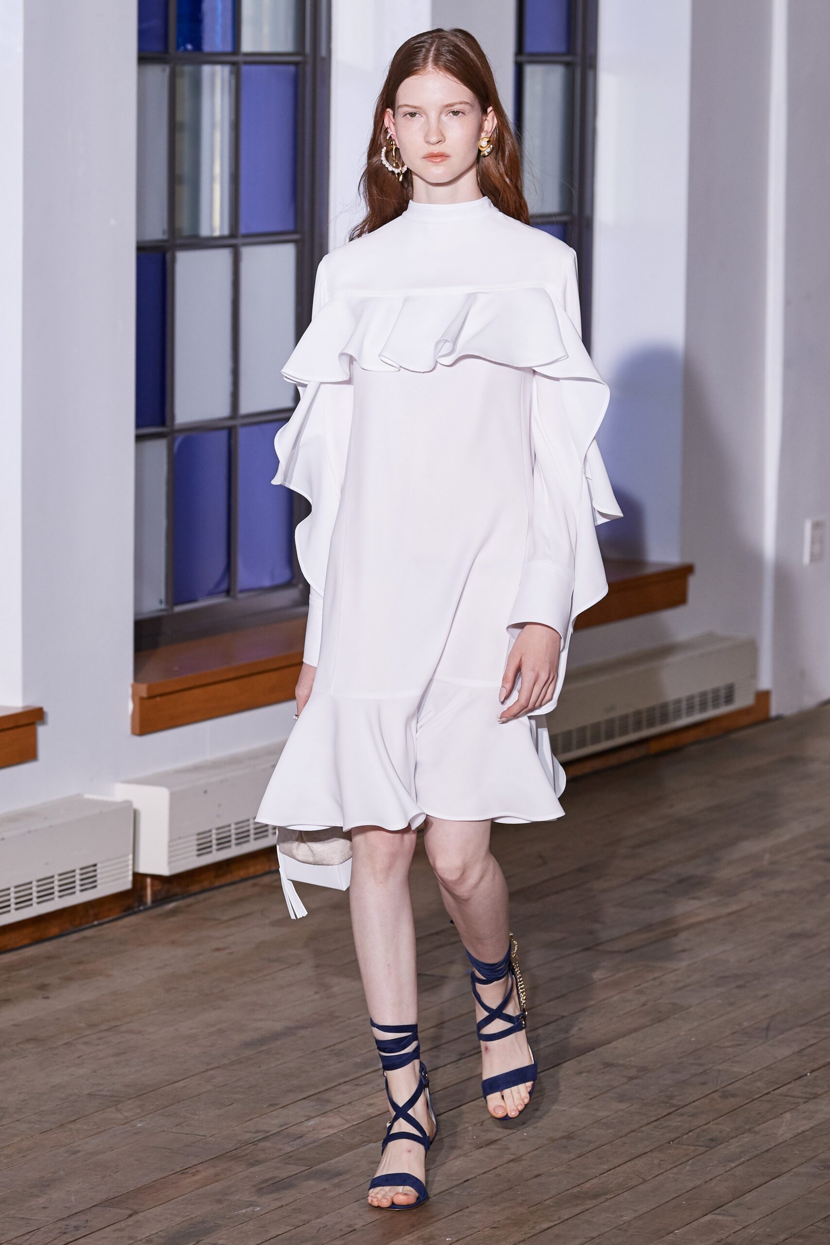 white silk long-sleeve high-neck fitted ruffled tiered dress