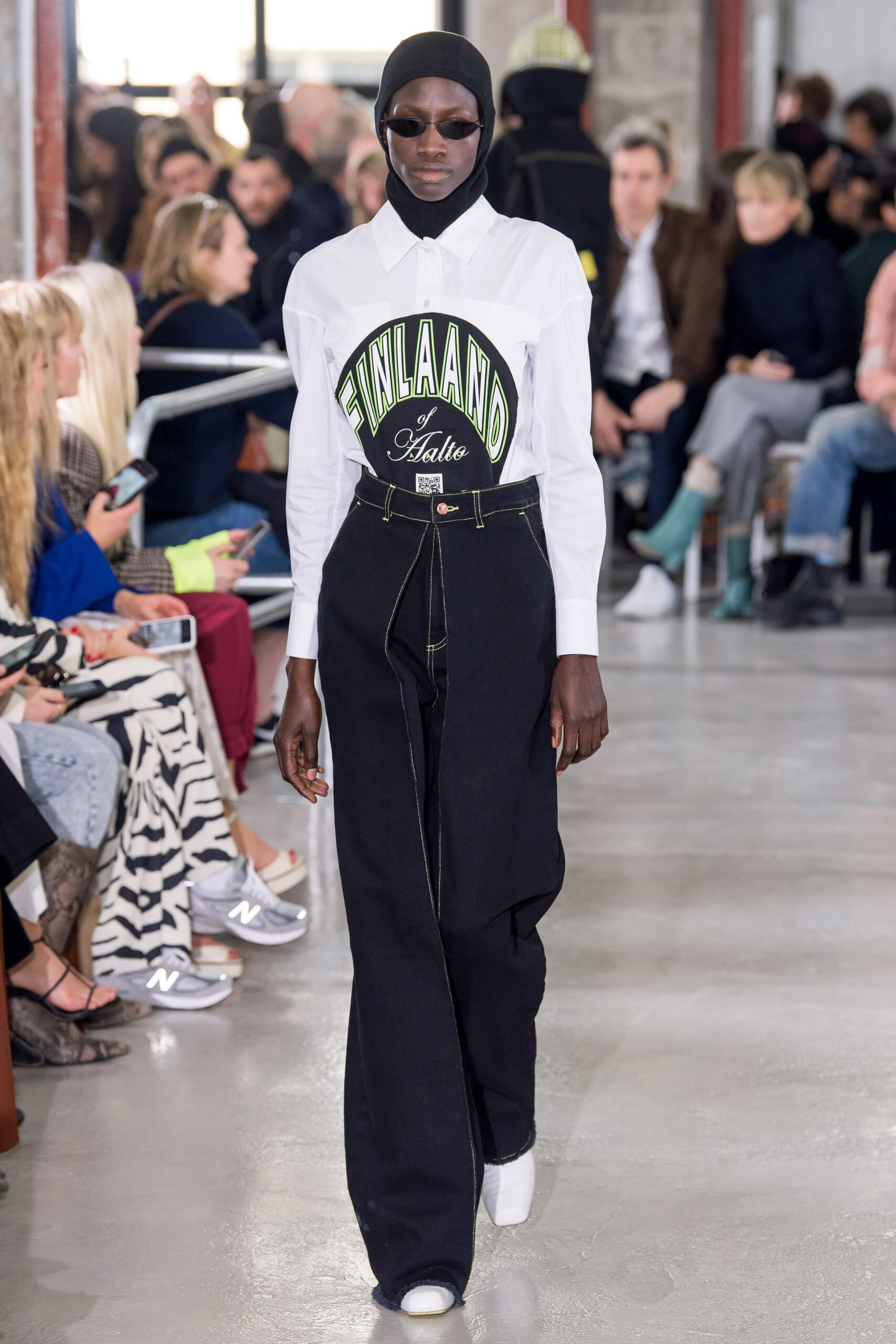 white collared shirt black pants