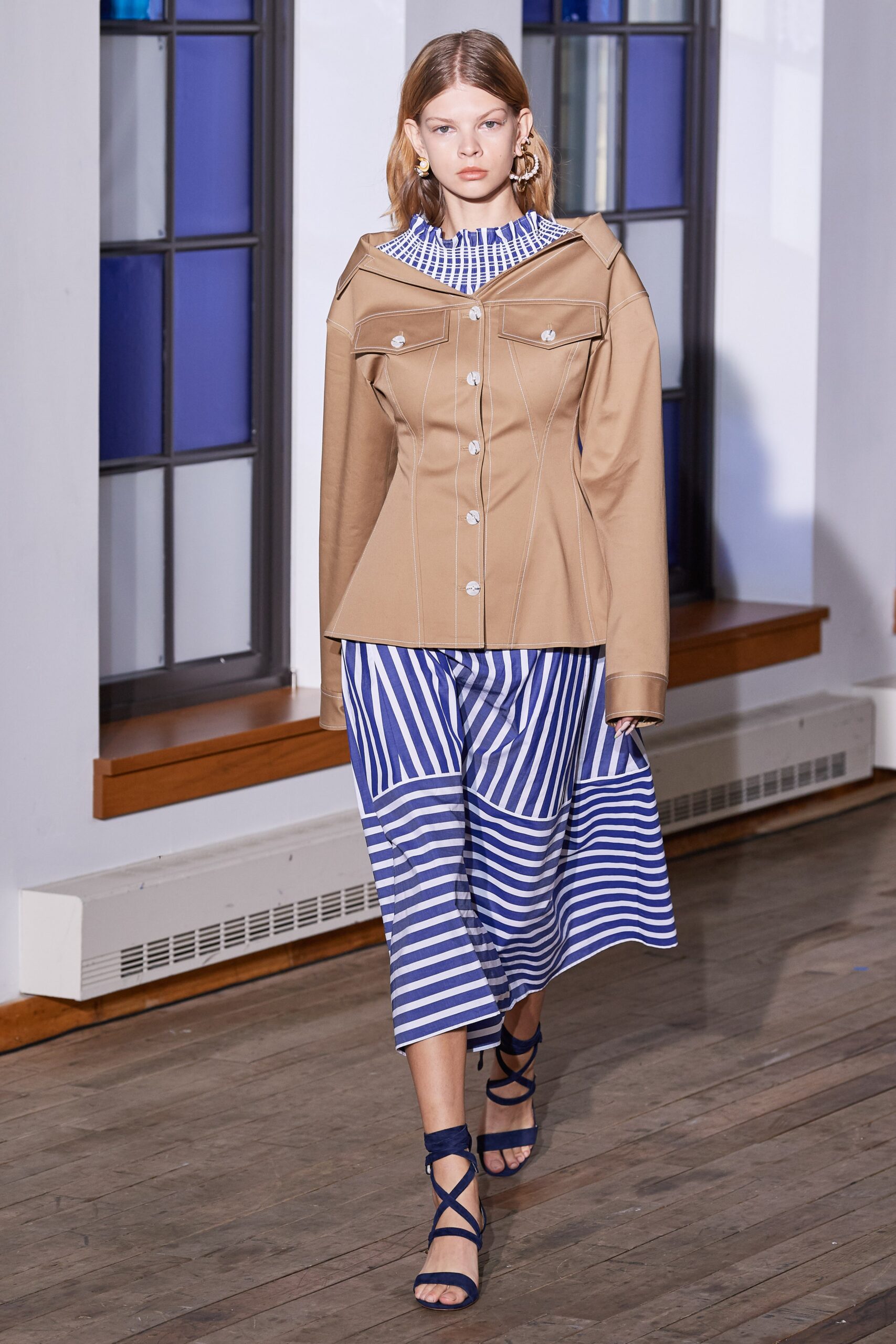 blue cotton sleeveless collared fitted striped midi dress