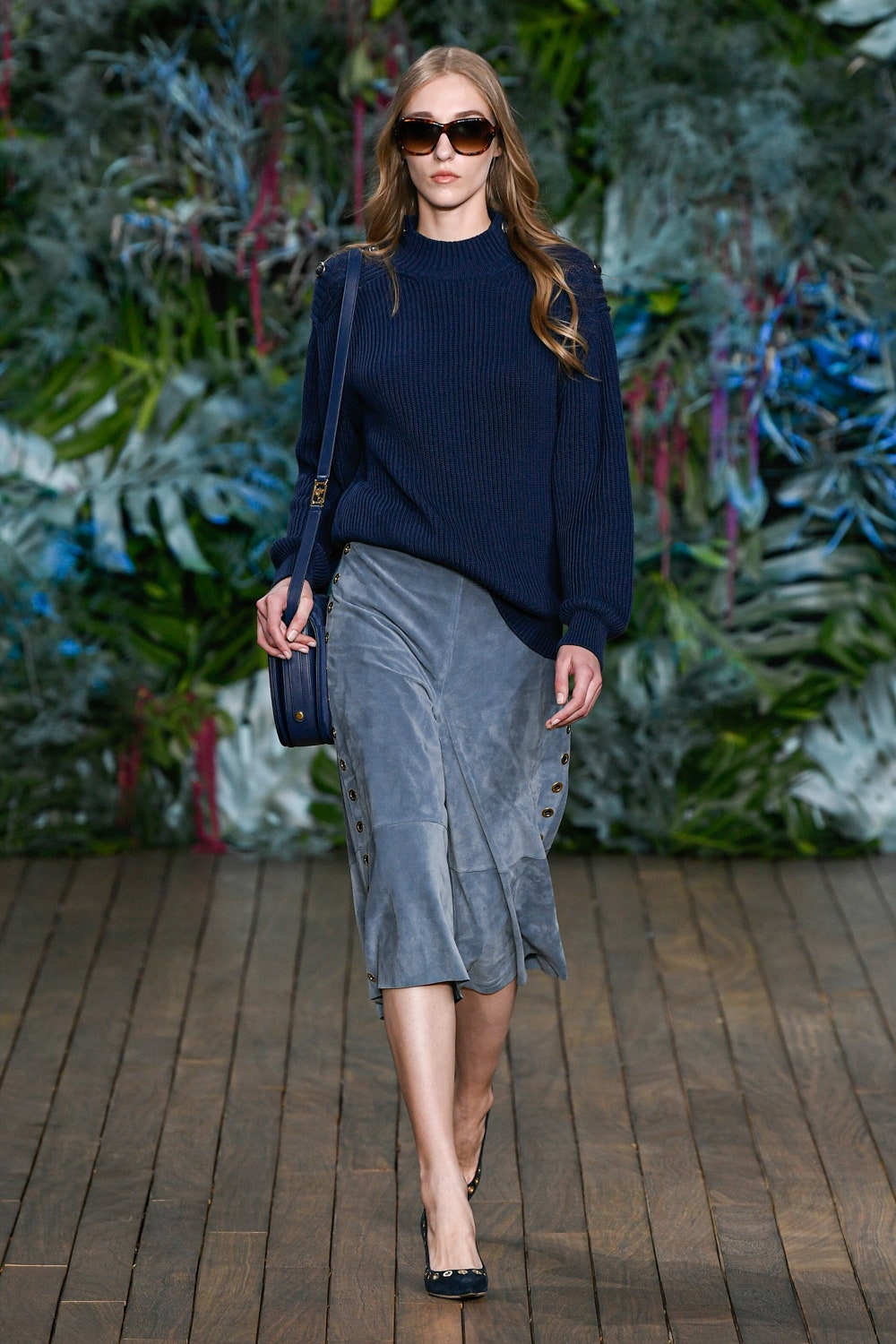 blue wool sweater and gray suede skirt