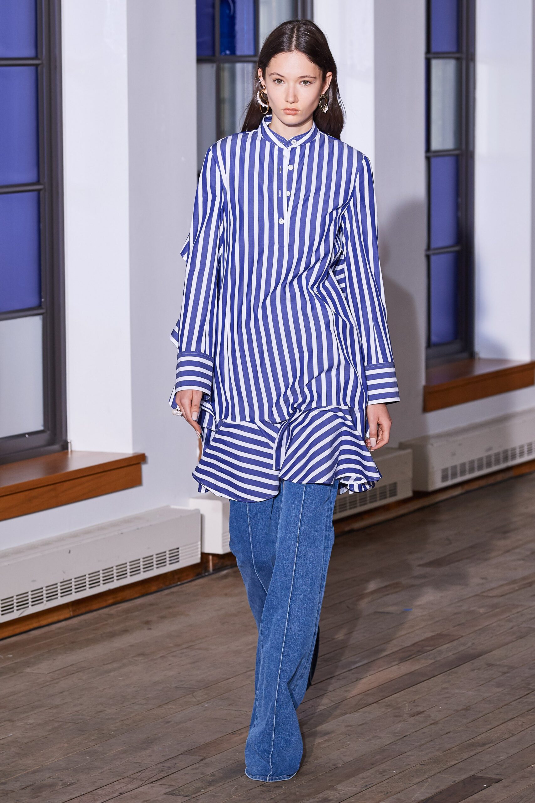 blue cotton long-sleeve collared relaxed striped ruffled shirt-dress