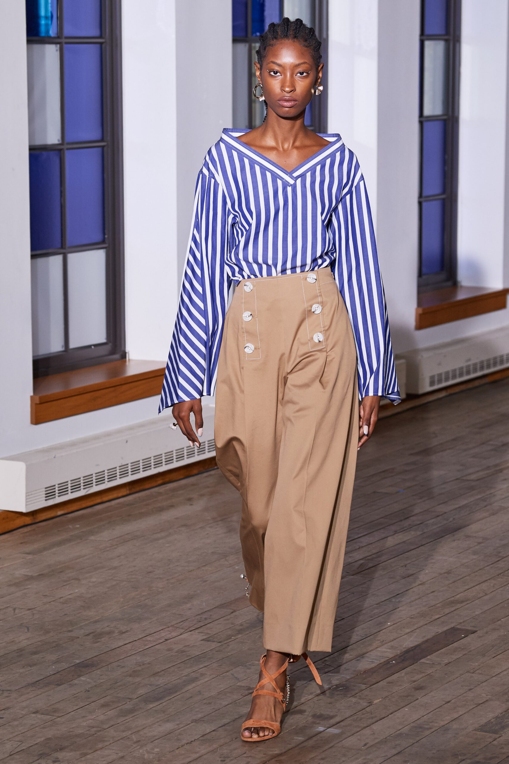 beige cotton tailored high-waisted straight-leg buttoned pants