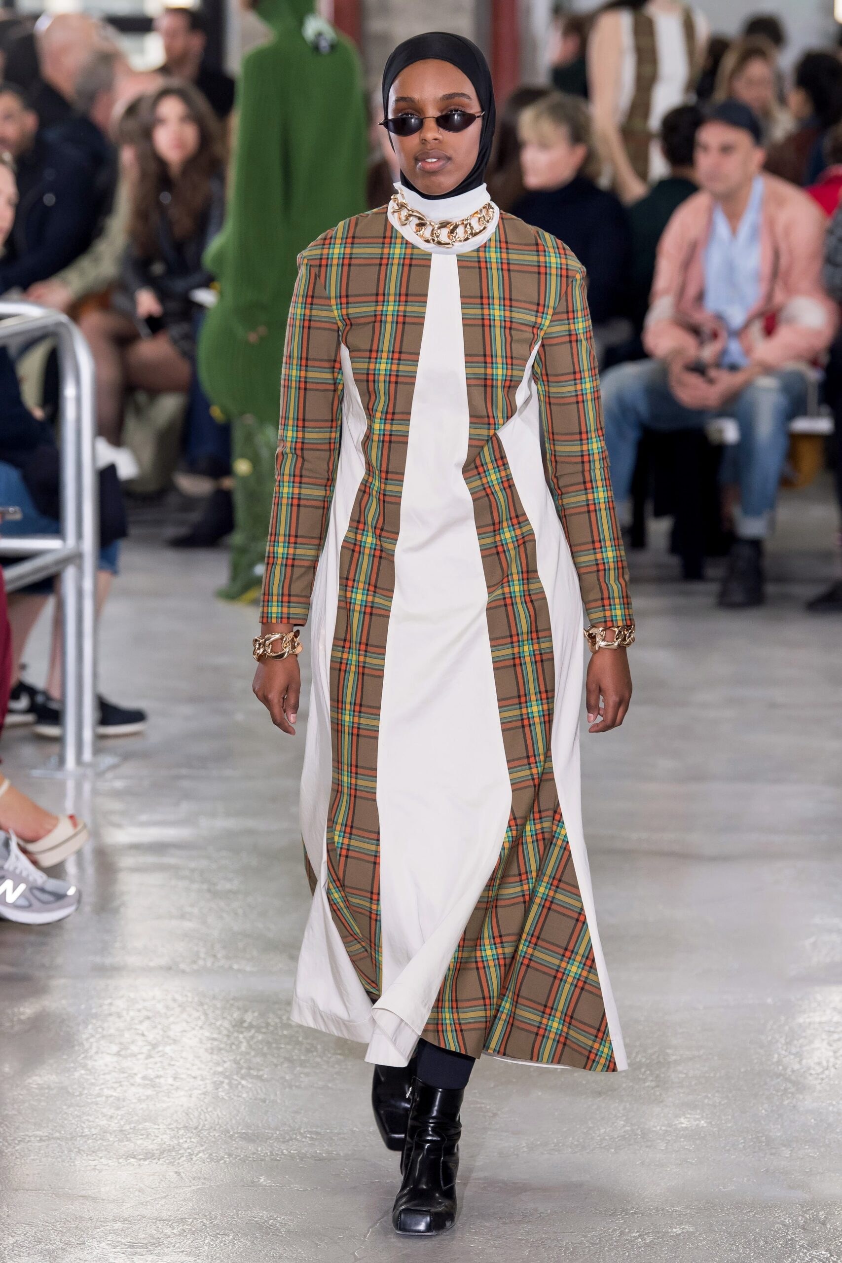 brown and white checked midi dress