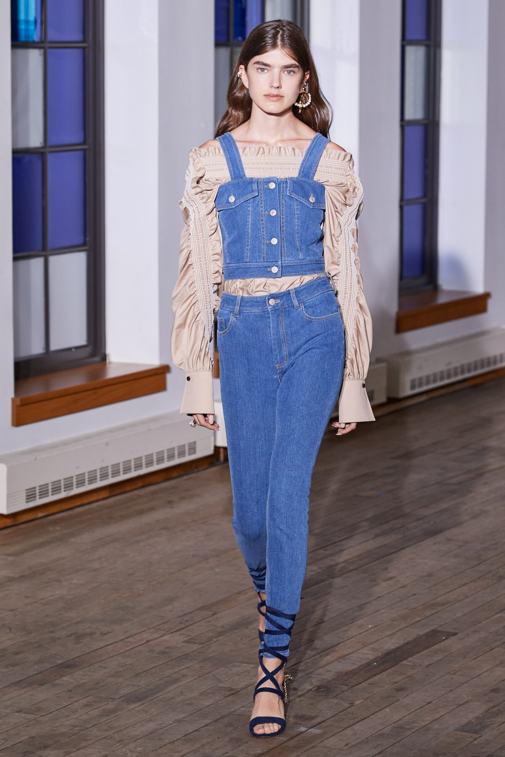 blue denim fitted straight-leg pants