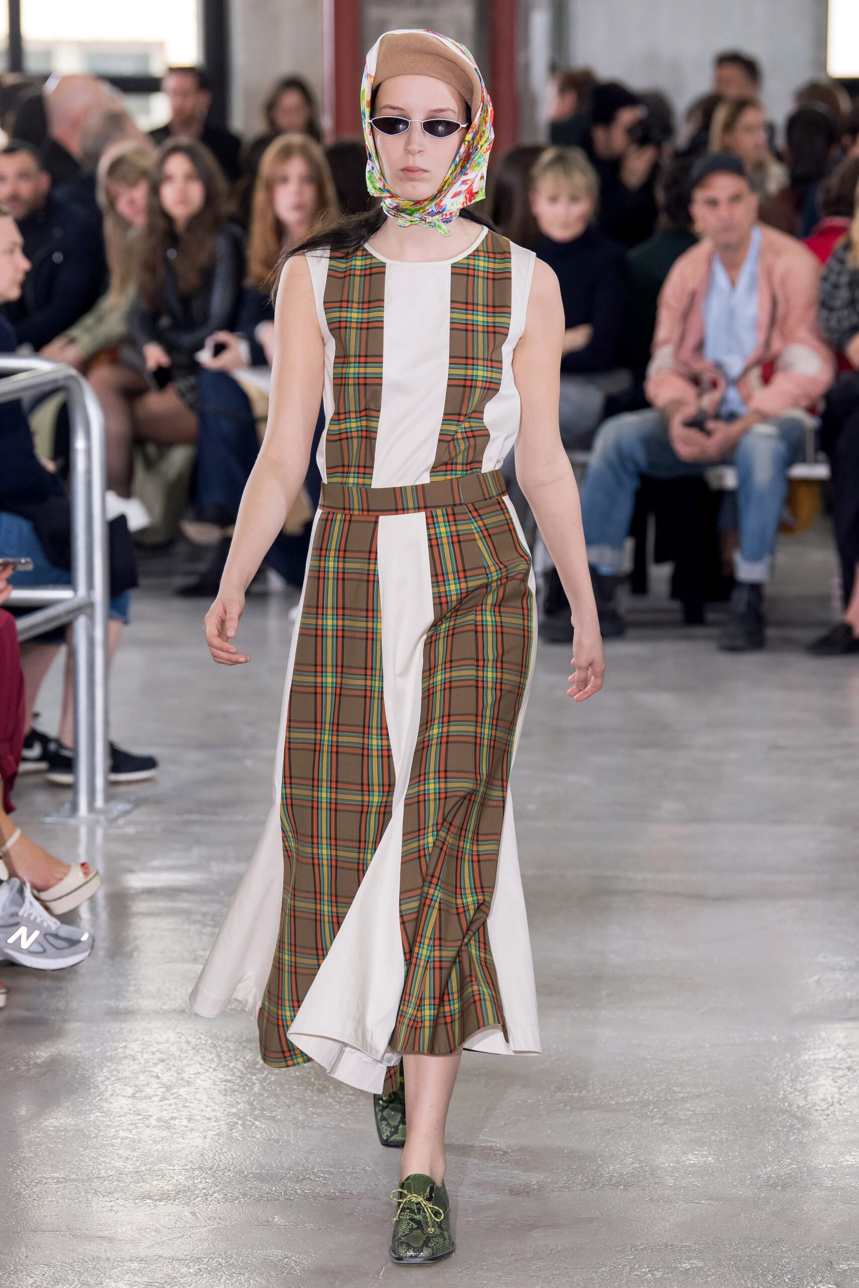 brown and white color-blocked midi dress