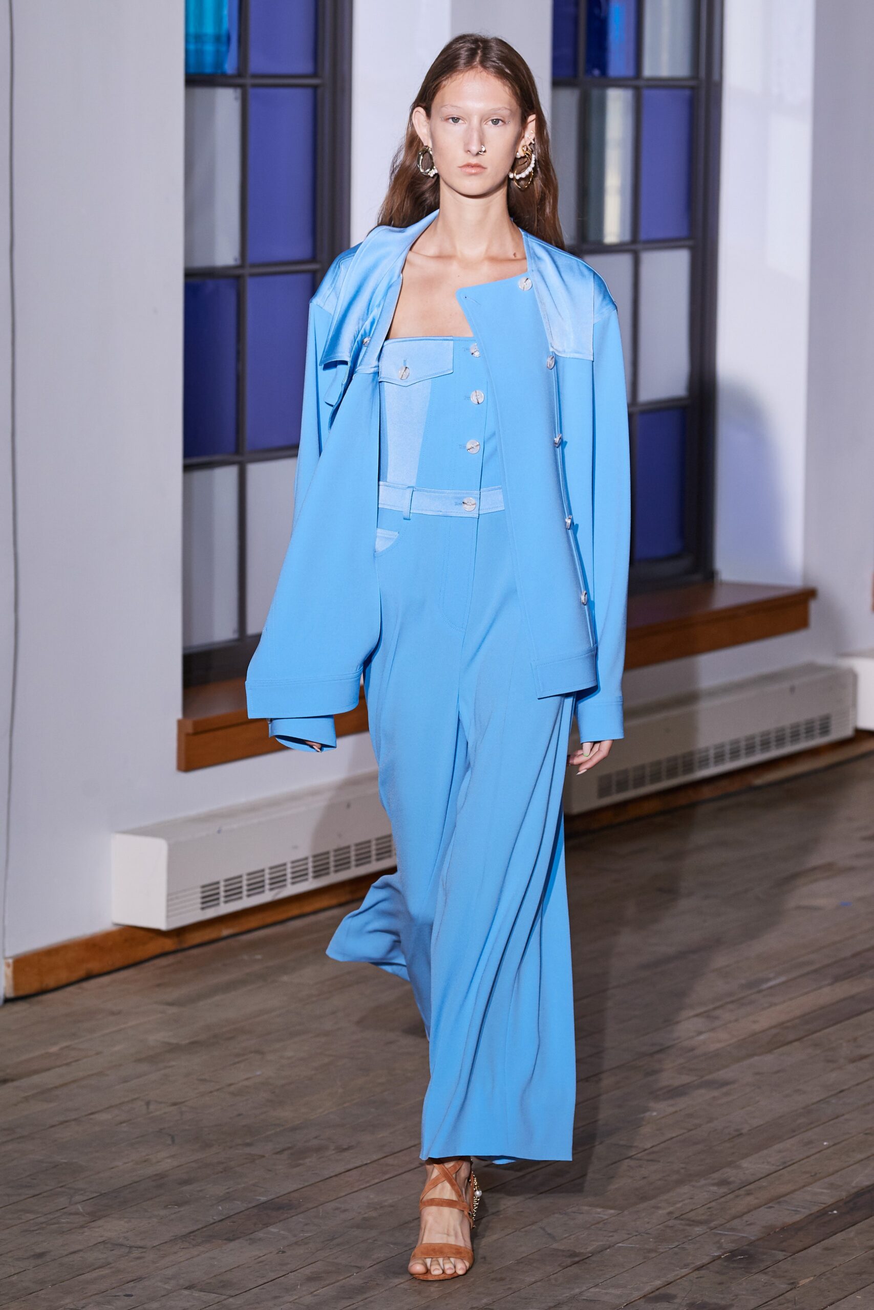 blue cotton sleeveless v-neck fitted wide-leg jumpsuit