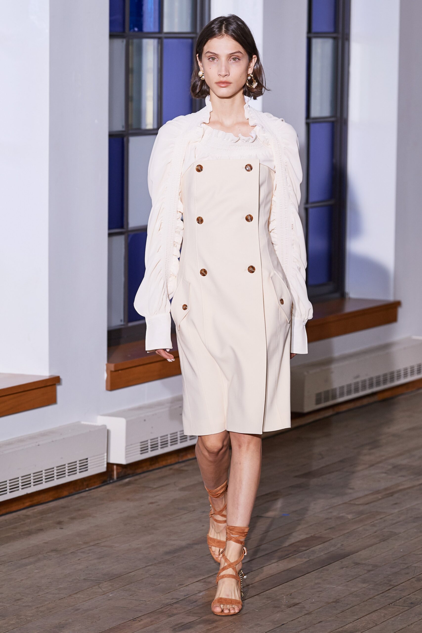 beige fitted midi dress with long sleeves