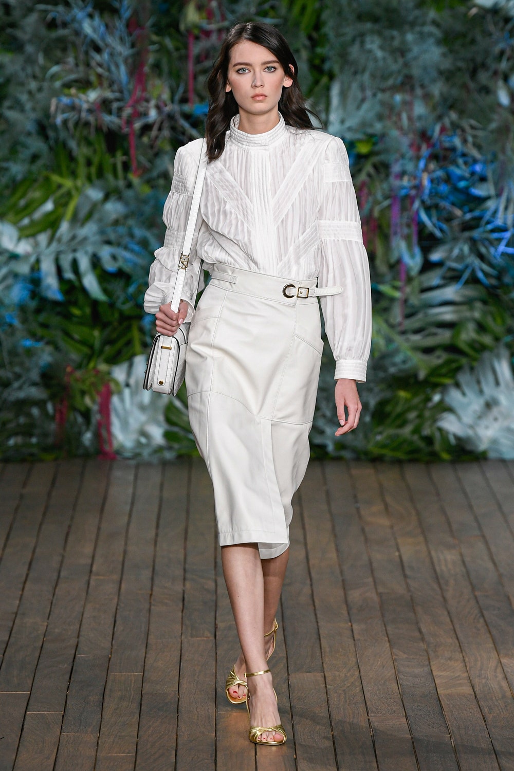 white silk blouse and pencil skirt