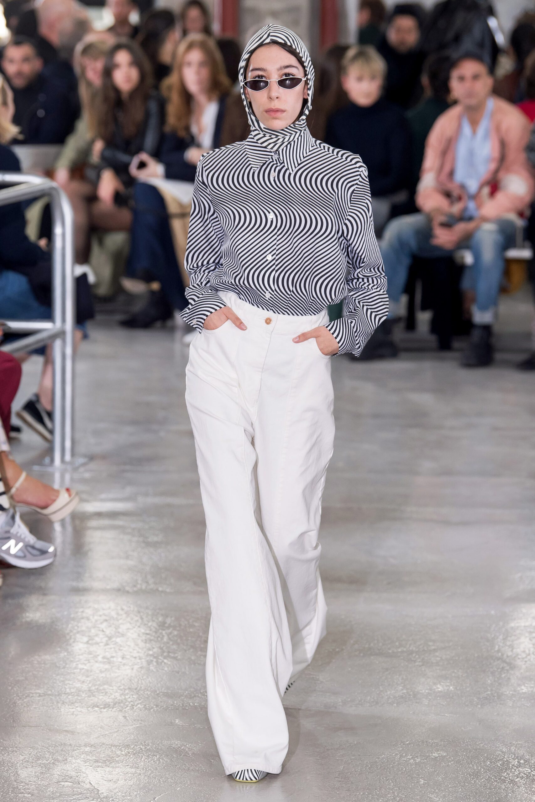 black and white printed top with relaxed pants