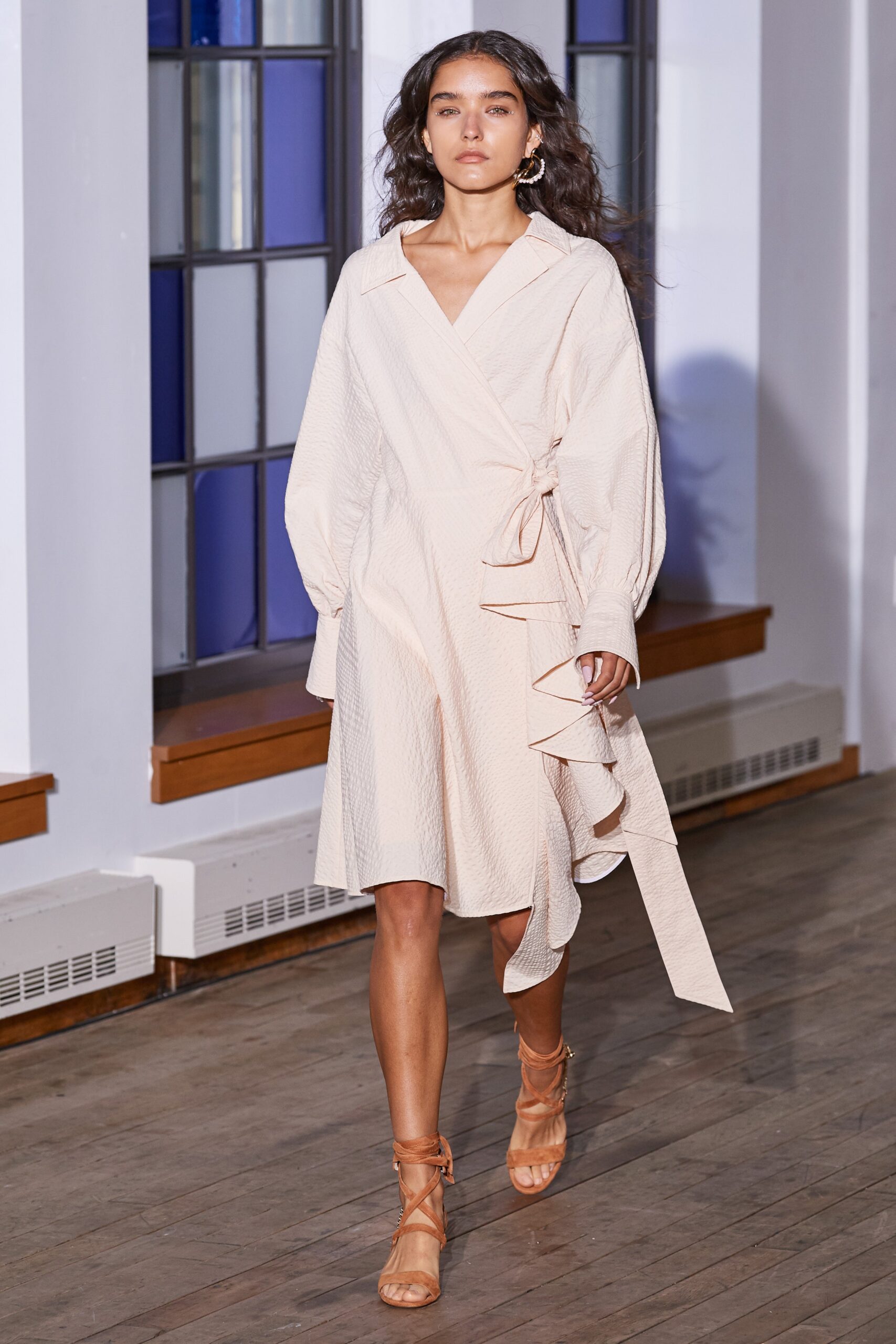 beige cotton long-sleeve wrap dress