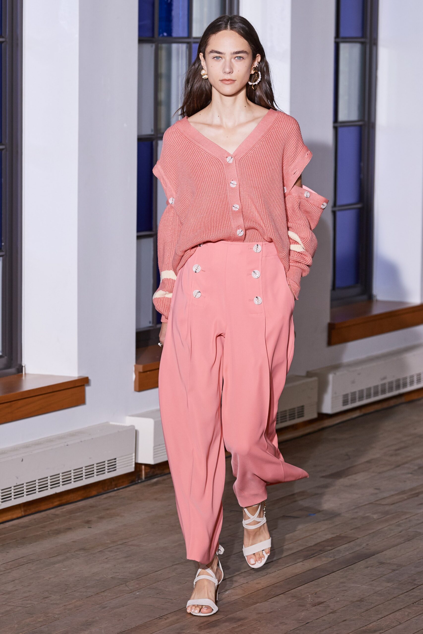 pink cotton long-sleeve v-neck oversized ribbed sweater